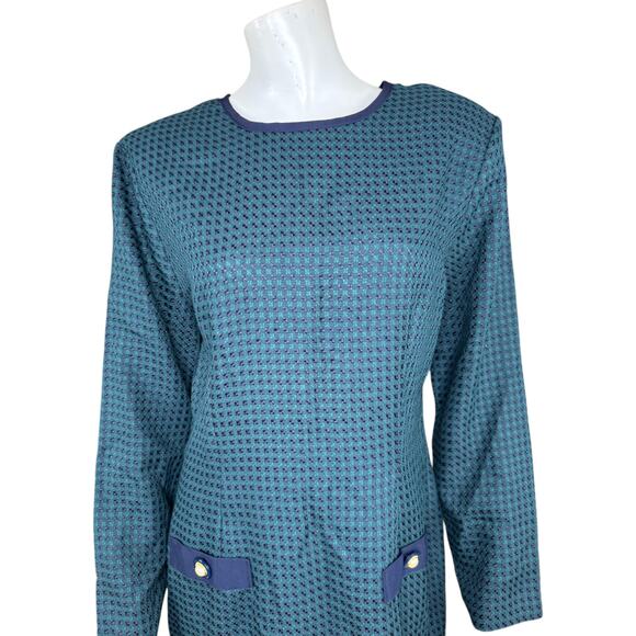 Miz California Green Navy Weave Plaid Vintage Career Dress Womens 12 Midi - Picture 10 of 14